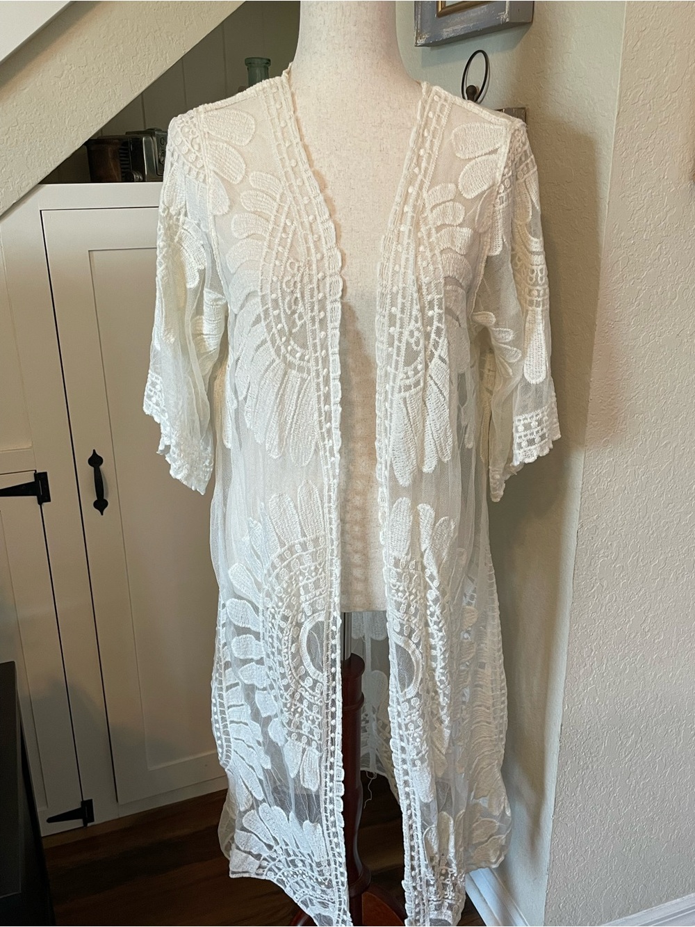 Rebellion Again Ivory Lace Kimono Duster Cardigan Floral Mesh Boho Large